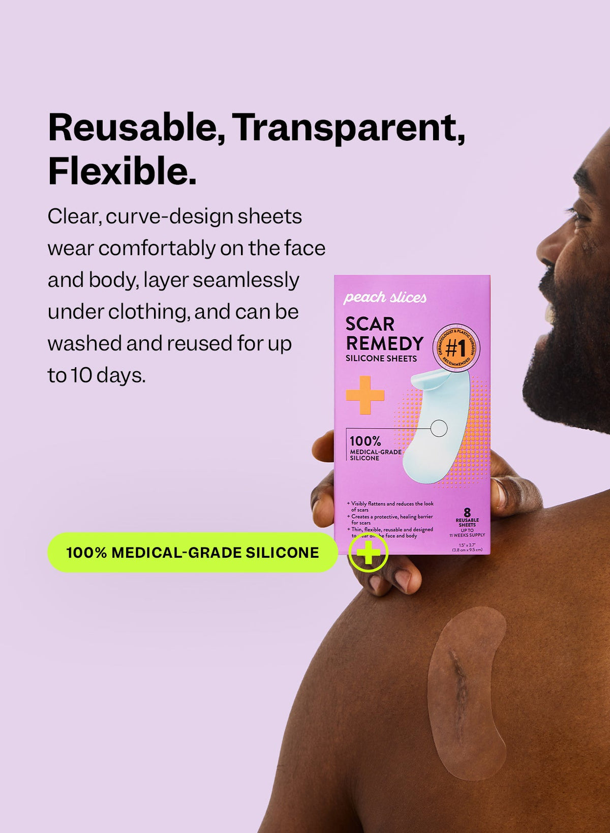 Clear, curved sheets wear comfortably on the face and body, layer under clothing, and can be washed and reused for up to 10 days.